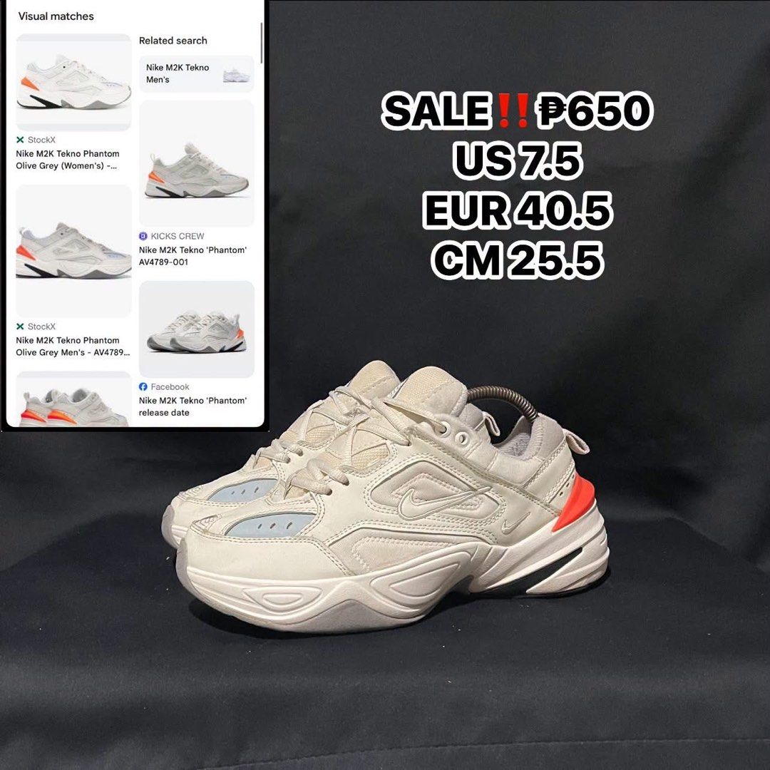 Nike M2K Tekno Phantom Size US 7.5 (Category: Sneakers) located in Bulacan. Submitted by ogieeee (Listing ID 1471258188, Image 1). Description: - Brand/Model: Nike M2K Tekno Phantom - Colorway: White, Grey, and Orange - Size: US 7.5 / EUR 40.5 / CM 25.5 - Style: Chunky dad shoe with comfortable cushioning - Ideal for daily casual wear.