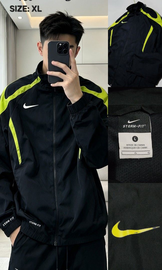 Nike Storm fit windbreaker (Category: Hoodies) located in Cavite. Submitted by behindourstyle (Listing ID 1471185260, Image 2). Description: 750 only 🔥 issue: minimal fade on check and logo back hit authentic Color rate: 9/10 size XL Imus cavite.