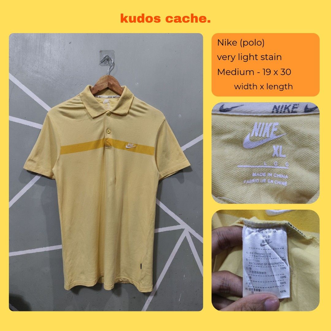 Nike Yellow Polo Shirt (Category: Tshirts & Polo Shirts ) located in Rosales. Submitted by kudoscache (Listing ID 1471180947, Image 1). Description: - Brand: Nike - Width: 19 | Length: 30 - Color: Yellow - slightly nego payment: maribank / gotyme courier: J&T.