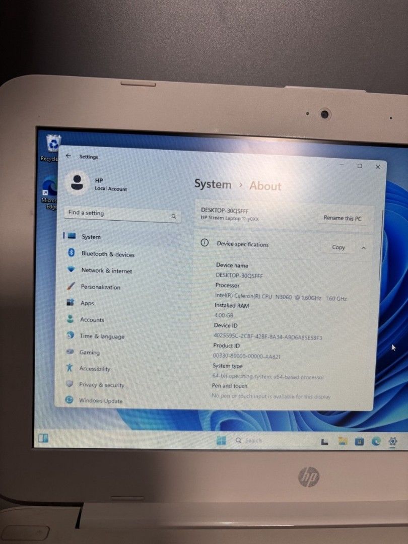 No Issue HP Windows 11 Pro Laptop (Category: Laptops & Notebooks) located in Quezon City. Submitted by bonkarlooo (Listing ID 1471158129, Image 2). Description: PAKIBASA PO MUNA BAGO MAGTANONG Selling for P2800 Only No Issue Bawal sa Maselan 2nd hand po ito Best for Students / Typing Documents HP 11.6 inch Laptop (HP Stream 11) Intel N3060 4Gb Ram 32Gb Storage Windows 11 Pro Activated Free Microsoft Office 2024 Activated (Word, Excel, Powerpoint,