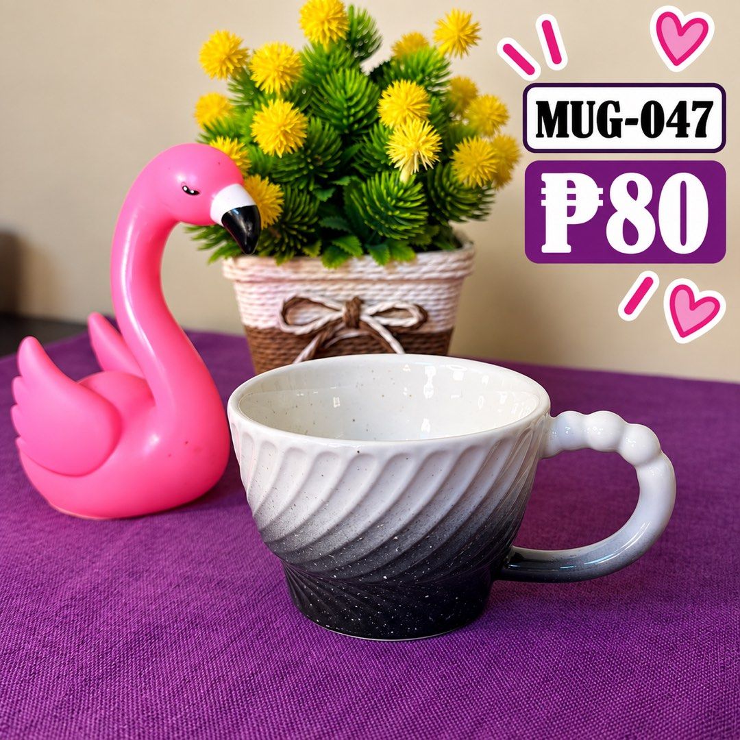 Ombre Black and White Ceramic Mug MUG-047 (Category: Coffee & Tea Tableware) located in Manila. Submitted by zamarah08 (Listing ID 1471208533, Image 1). Description: - Code: MUG-047 - Design: Ombre black-to-white gradient with a textured spiral pattern - Handle: Distinctive beaded design for an enhanced grip - Interior: Speckled white finish - Use: Perfect size for your daily coffee or tea routine.