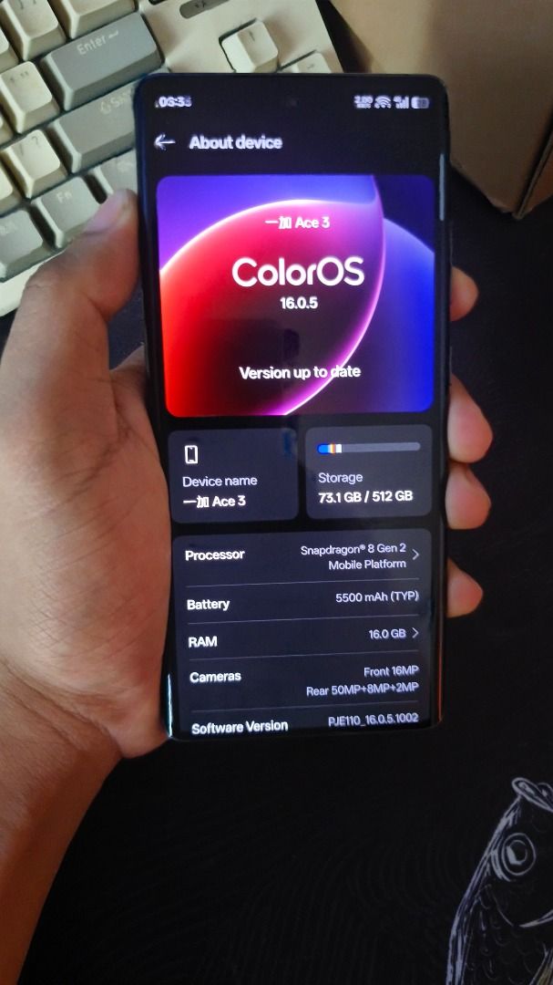 OnePlus ace 3 / 12r 16/512 (Category: OnePlus) located in Caloocan City. Submitted by dooo2003 (Listing ID 1471180504, Image 1). Description: - Brand/Model: OnePlus Ace 3 - Color: Dark Grey / Black - Processor: Snapdragon 8 Gen 2 Mobile Platform - Memory & Storage: 16GB RAM / 512GB Storage - Battery: 5500 mAh (TYP) - Camera: 50MP + 8MP + 2MP Rear / 16MP Front - Condition: Excellent, well-maintained with clean body and flawless display.