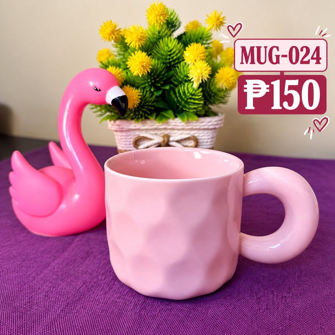 Pink Ceramic Mug with Rounded Handle MUG-024 (Category: Coffee & Tea Tableware) located in Manila. Submitted by zamarah08 (Listing ID 1471209559, Image 1). Description: - Color: Pastel pink - Material: Quality ceramic with smooth glossy finish - Design: Trendy dimpled body with a thick, rounded handle - Capacity: Perfect for daily coffee, tea, or cold beverages - Condition: Clean interior, ready for use - Aesthetic: Perfect desk or kitchen counte