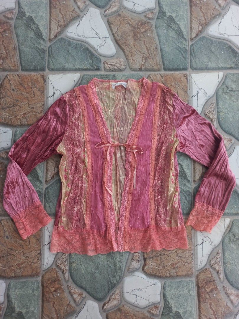 Pink Floral Patchwork Lace Cardigan (Category: Coats, Jackets and Outerwear) located in Davao. Submitted by bloodyriz (Listing ID 1471242171, Image 1). Description: - Pink cardigan with trendy patchwork panels and sheer fabric - Long sleeves with delicate lace cuffs - Open front design with a thin tie ribbon at the chest - Mixed floral patterns and crinkled textures - Bottom hem trimmed with matching coral lace - Lightweight layering piece ideal 