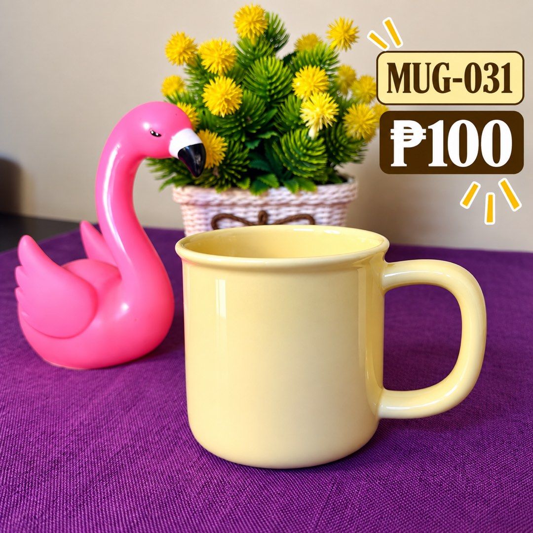 Plain Yellow Ceramic Coffee Mug MUG-031 (Category: Coffee & Tea Tableware) located in Manila. Submitted by zamarah08 (Listing ID 1471209171, Image 1). Description: - Item Code: MUG-031 - Color: Solid pastel yellow - Finish: Smooth, glossy ceramic - Design: Classic rounded shape with a sturdy curved handle - Perfect for: Coffee, tea, home, or office desk setups - Condition: Brand new and clean interior.