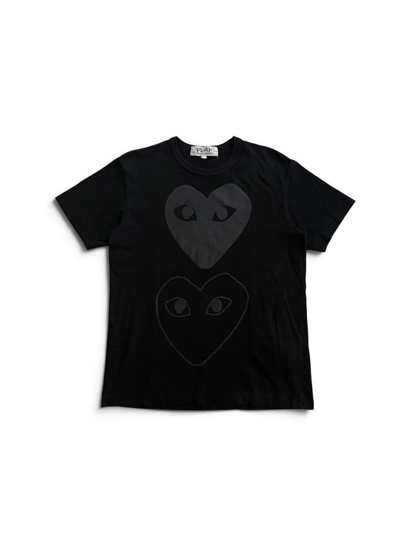 Play Comme des Garcons Double Heart Tee Black Size L (Category: Shirts) located in Manila. Submitted by halukays (Listing ID 1471191844, Image 1). Description: - Brand: Play Comme des Garcons - Color: Black - Size: Large - Design: Tonal black and grey double heart graphic on chest, large logo text on lower back - Material: Premium cotton jersey with crew neckline - Condition: Clean, worn just a few times Size Medium Width 20 Length 26 Color rate 