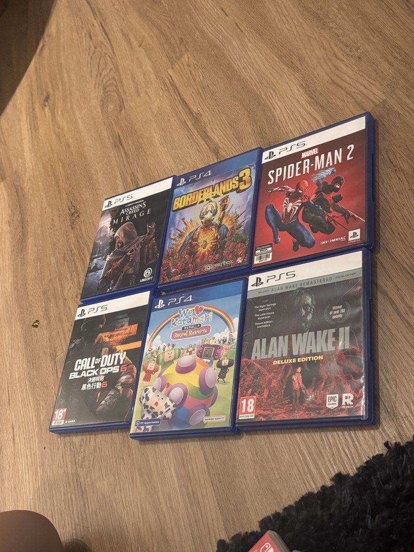 Ps5 and Ps4 games (See low price in description) (Category: PlayStation) located in Quezon City. Submitted by zerosumdimsum (Listing ID 1471249278, Image 1). Description: • Spider-Man 2 (PS5): ₱2,250 • Alan Wake 2 Deluxe (PS5): ₱1,750 • Black Ops 6 (PS5): ₱1,250 • Assassin’s Creed Mirage (PS5): ₱1,000 • We Love Katamari Reroll+ (PS4): ₱950 • Borderlands 3 (PS4): ₱500.