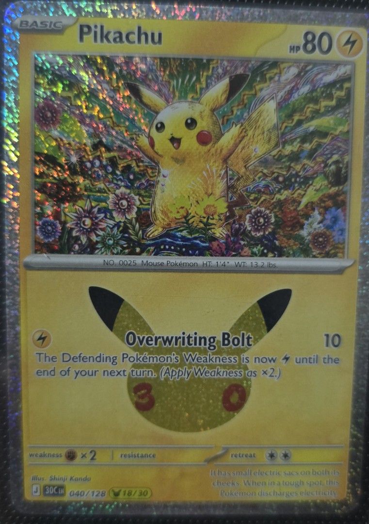 Pokemon 30th anniversary Pikachu 18 (Category: Raw Singles) located in Cavite. Submitted by jojoscollection (Listing ID 1471287308, Image 1). Description: Actual photos are posted Shipping fee will be shouldered by the buyer J&T Express, Lalamove or Pickup Location: Dasmariñas, Cavite.
