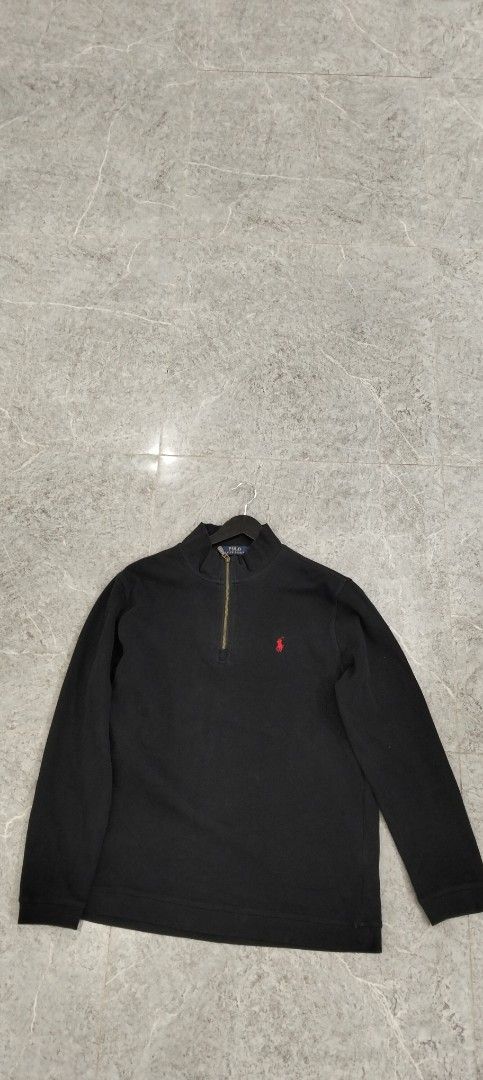 Polo Ralph Lauren Black Quarter Zip Pullover (Category: Coats, Jackets and Outerwear) located in Bacolod City. Submitted by hurleydediamante0513 (Listing ID 1471151792, Image 1). Description: - Brand: Polo Ralph Lauren - Color: Classic Black with Red Embroidered Pony Logo - Style: Quarter-zip sweater with mock neck and metallic zipper pull - Material: Soft and comfortable cotton knit - Details: Ribbed cuffs and hem - Condition: Clean, great pre-l