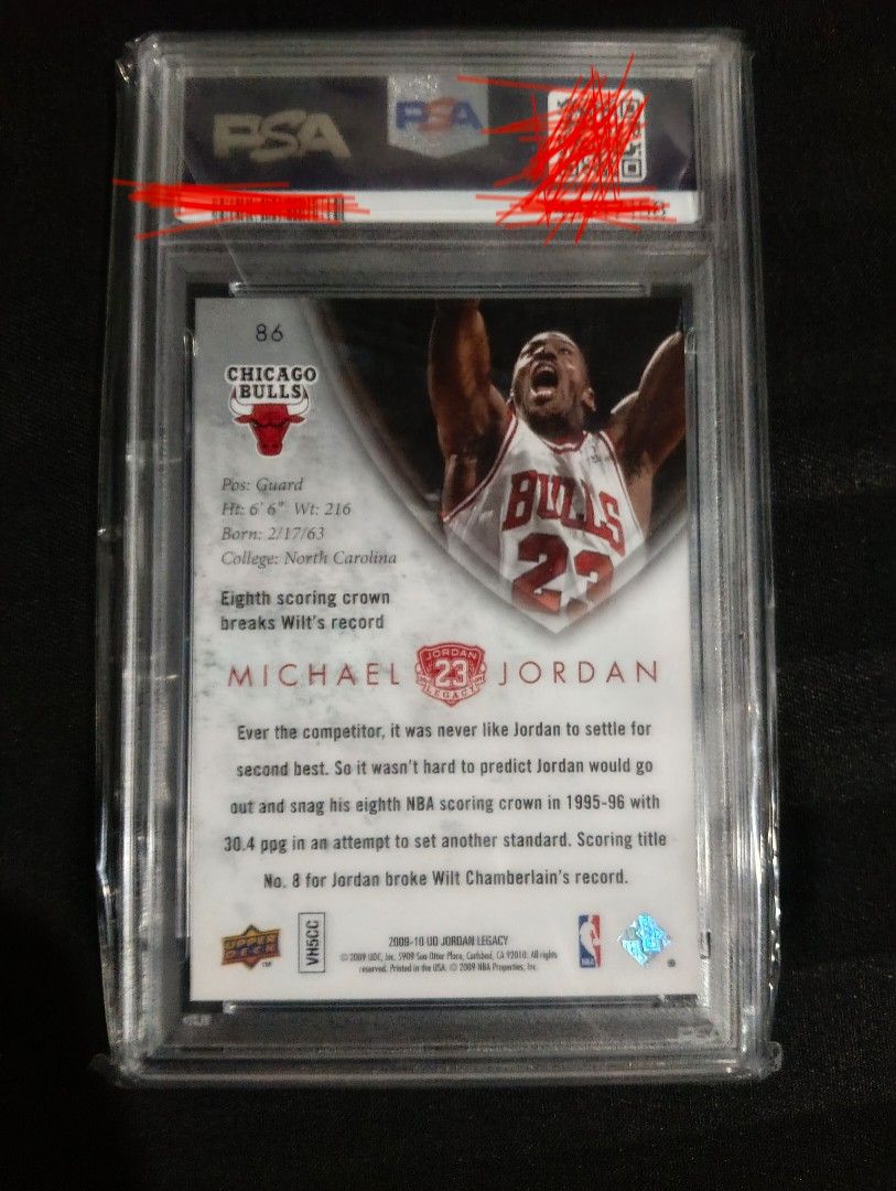 Michael Jordan 86 (Category: Graded Singles) located in Marikina City. Submitted by mr.hyde (Listing ID 1471042312, Image 2). Description: - Item: 2009 Upper Deck Michael Jordan Legacy Basketball Card - Card Number: #86 (Gold Parallel) - Grade: PSA 9 Mint (Professionally encased in protective slab) - Design: Chicago Bulls jersey photo on front with career scoring stats on the back - Condition: Pristine, ready for display or collection.