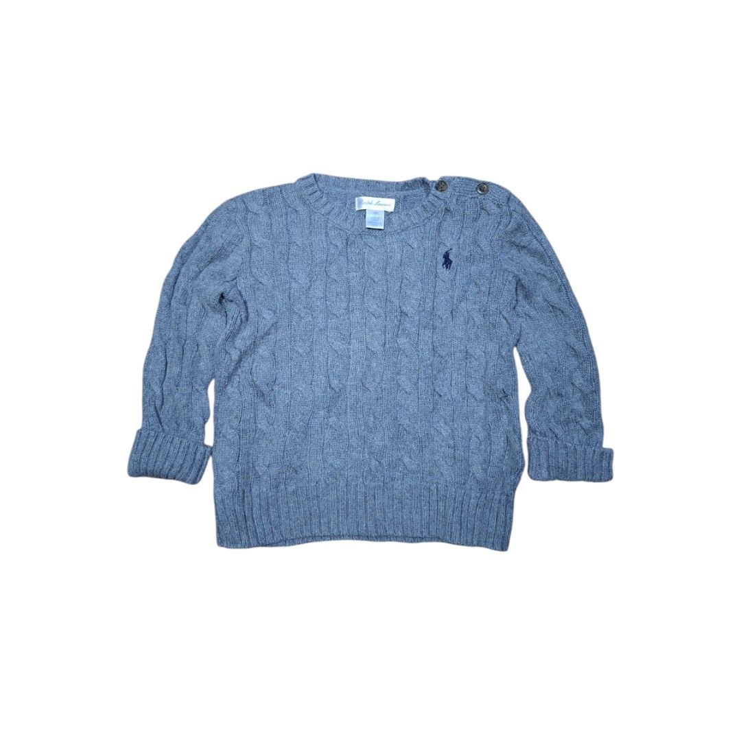 Ralph Lauren Cable Knit Grey Sweater 18M (Category: Babies & Kids Fashion) located in San Juan (Cabalian). Submitted by ec8thrift (Listing ID 1471253175, Image 1). Description: - Brand: Ralph Lauren - Size: 18 months - Color: Grey with navy blue embroidered polo logo - Material: Soft, warm knit - Design: Classic cable knit, crewneck - Feature: Shoulder button closure for easy changing - Finish: Ribbed hem and cuffs.