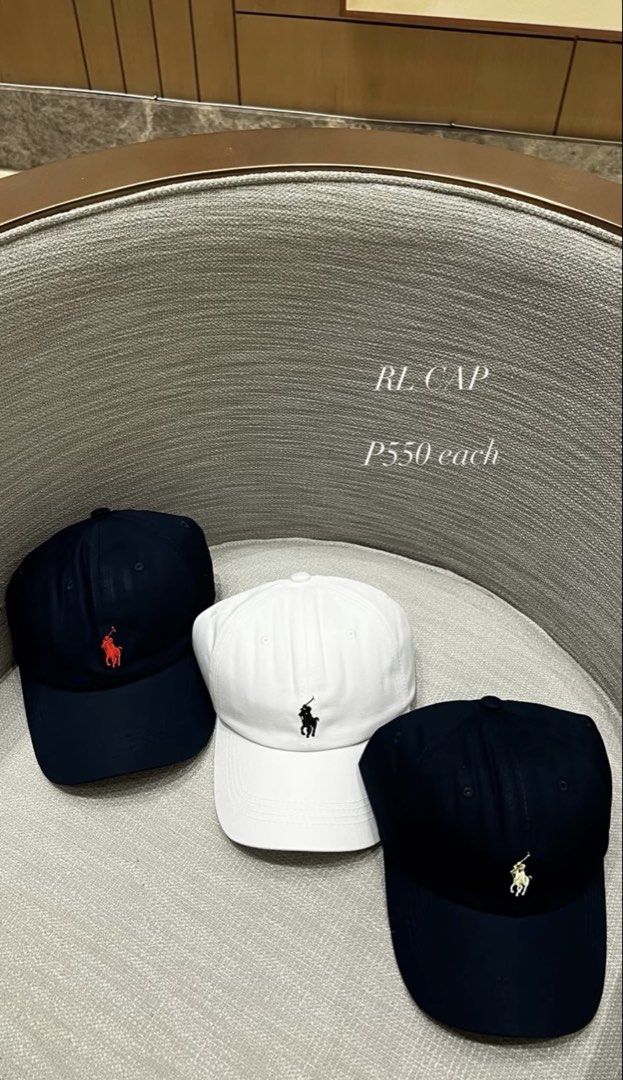 Ralph Lauren RL Cap (Category: Caps & Hats) located in Pasay City. Submitted by shasmeenga25678 (Listing ID 1471170364, Image 1). Description: - Price: P550 each - Brand: Ralph Lauren (RL) - Available Colors: * Dark blue with red logo * White with black logo * Dark blue with yellow logo - Details: Classic polo player embroidery on front - Fit: Adjustable strap at the back - Condition: Brand new.