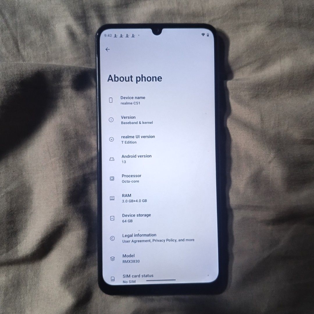 Realme C51 (Category: Realme) located in Paranaque City. Submitted by thriftine5 (Listing ID 1471152915, Image 1). Description: nandiyan na details REALME C51 64GB RAM3.0GB+4.0GB WALANG BASAG AT SMOOTH NA SMOOTH, SOBRANG KUNAT NG BATTERY TAGAL MALOWBAT. FOR ONLY 1699 PAUNAHAN NALANG SOLID NA SOLID LAMG BACKUP PHONE NANDIYAN NA DETALYE TIGNAN NIYO NALANG REKTA PM AT ADD.