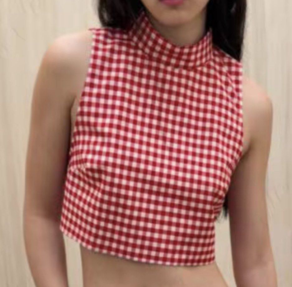 Red and White Gingham Mock Neck Crop Top (Category: Sleeveless) located in Manila. Submitted by bndthetrnd (Listing ID 1471168431, Image 2). Description: - Red and white gingham print - High mock neckline and sleeveless - Cropped length (great with high-waisted bottoms) - Lightweight, comfortable fabric - Convenient back zip closure.