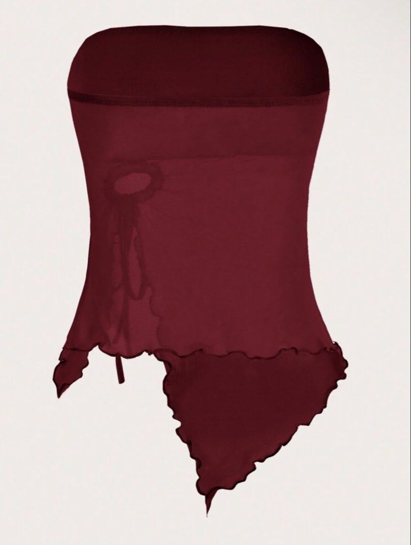 red burgundy asymmetrical top drawstring mesh (Category: Sleeveless) located in Makati City. Submitted by santanajdd (Listing ID 1471250738, Image 2). Description: 💬 dm for more info 📍 based in makati rfs: decluttering * 1st photo is ww.