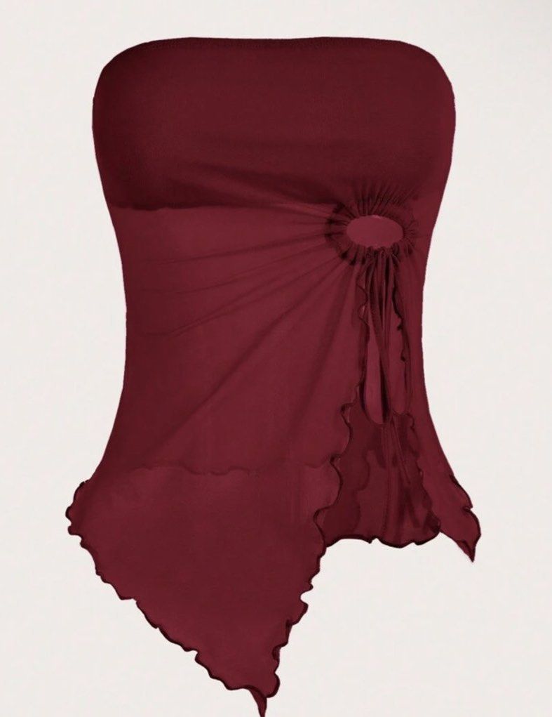 red burgundy asymmetrical top drawstring mesh (Category: Sleeveless) located in Makati City. Submitted by santanajdd (Listing ID 1471250738, Image 1). Description: 💬 dm for more info 📍 based in makati rfs: decluttering * 1st photo is ww.