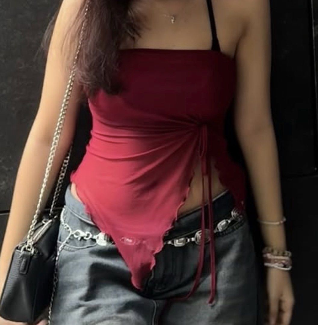 red burgundy asymmetrical top drawstring mesh (Category: Sleeveless) located in Makati City. Submitted by santanajdd (Listing ID 1471250738, Image 3). Description: 💬 dm for more info 📍 based in makati rfs: decluttering * 1st photo is ww.