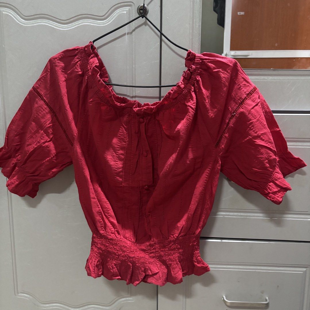 Red Eyelet Off Shoulder Puff Sleeve (Category: Blouses) located in Binan City. Submitted by mypreloved_haul (Listing ID 1471228282, Image 1). Description: Fits small to medium, last price posted!.