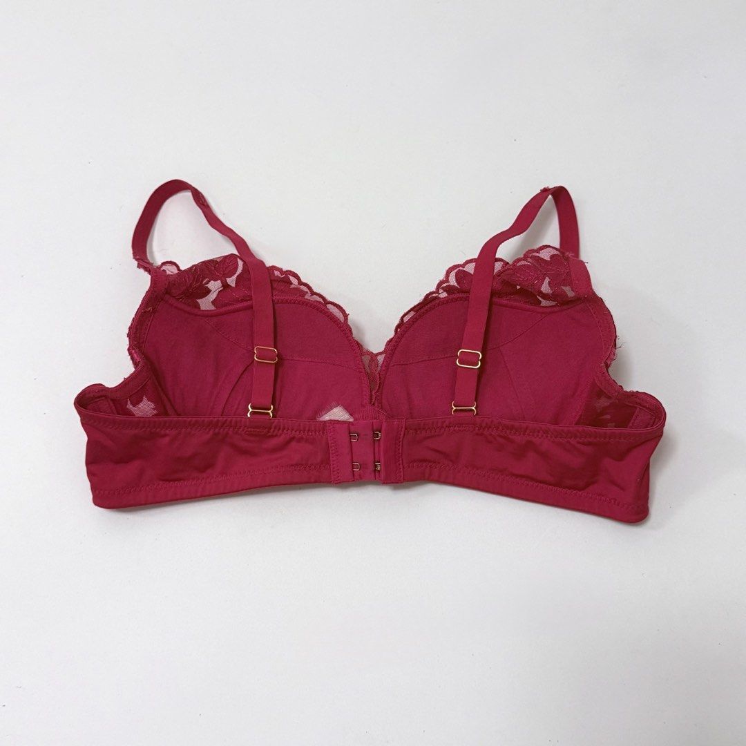 Red Floral Push-up Plunge Bra [34AB] (Category: Undergarments & Loungewear) located in Malabon City. Submitted by k_intimates (Listing ID 1471290874, Image 3). Description: Details: • Size 34AB / wired / push-up • Sign of use on the hook closure part only (check last photo) • Red push-up bra featuring detailed floral lace embroidery on the cups, adjustable straps, and underwire support..