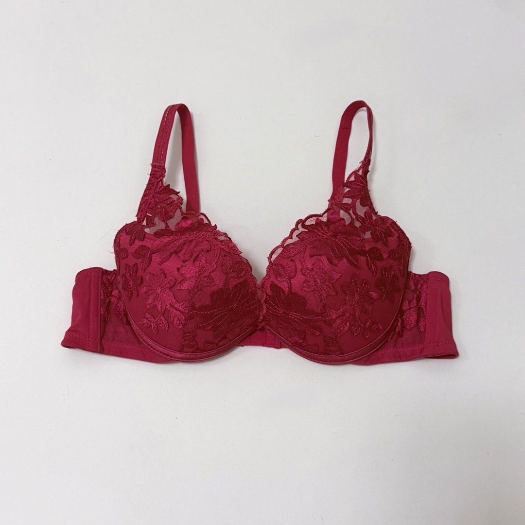 Red Floral Push-up Plunge Bra [34AB] (Category: Undergarments & Loungewear) located in Malabon City. Submitted by k_intimates (Listing ID 1471290874, Image 1). Description: Details: • Size 34AB / wired / push-up • Sign of use on the hook closure part only (check last photo) • Red push-up bra featuring detailed floral lace embroidery on the cups, adjustable straps, and underwire support..