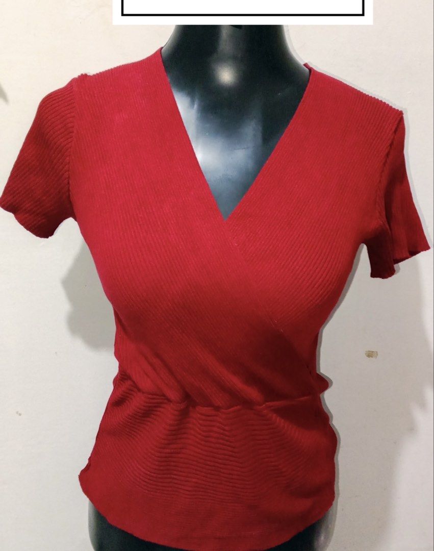 Red Ribbed V-Neck Short Sleeve Wrap Top (Category: Blouses) located in Quezon City. Submitted by charitoo369 (Listing ID 1471294929, Image 1). Description: - Color: Bright red - Material: Stretchy ribbed knit, comfortable and clean finish - Design: Wrap style, V-neckline, short sleeves, fitted waist - Versatility: Great for casual days or dressed up with high-waisted jeans - Fit: Easy to match with different bottoms Sexy red tops stretchable firs
