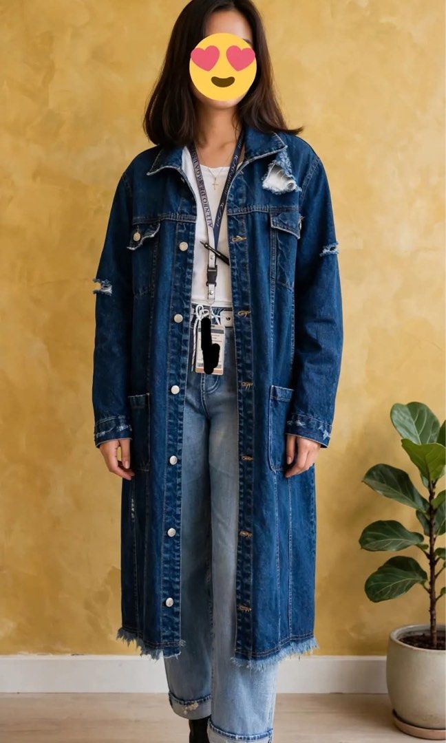 Ripped / Distressed Denim Duster -Dress/Long Jacket - Coat (Category: Luxury Apparel) located in Naga. Submitted by happeemarket (Listing ID 1471151330, Image 1). Description: Gud as new Ganda Free size on Tag Model 5’3” Dimes : sh 18” , 24,widdth. , L 41’ , slv length 24 Brand : Bleach Tag size: Free size .