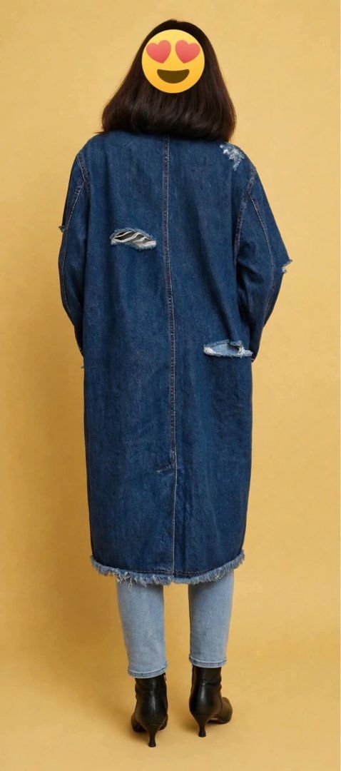 Ripped / Distressed Denim Duster -Dress/Long Jacket - Coat (Category: Luxury Apparel) located in Naga. Submitted by happeemarket (Listing ID 1471151330, Image 2). Description: Gud as new Ganda Free size on Tag Model 5’3” Dimes : sh 18” , 24,widdth. , L 41’ , slv length 24 Brand : Bleach Tag size: Free size .