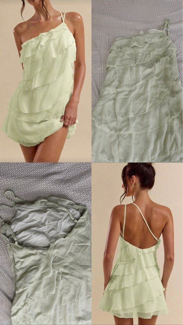Sage Green Asymmetric Ruffle Mini Dress (Category: Dresses) located in Balayan. Submitted by nixsolomon (Listing ID 1471126909, Image 1). Description: Flowy dress Fits S-Semi large Adjustable straps No issue Worn only for a shoot.