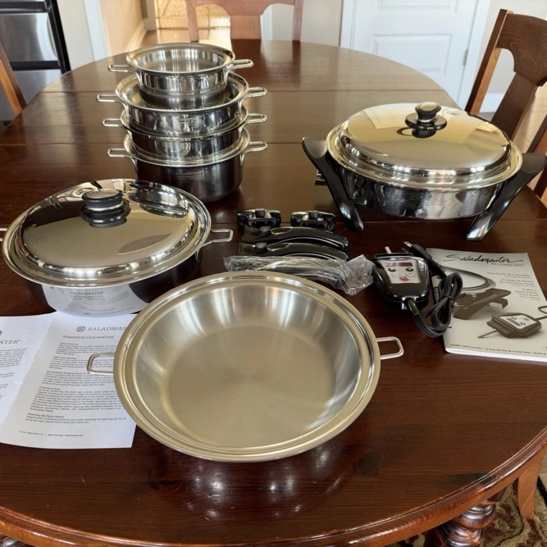 Saladmaster 316Ti Stainless Steel Cookware Set (Category: Cookware & Accessories) located in Paranaque City. Submitted by mgsantos18 (Listing ID 1471245618, Image 2). Description: I am selling a Used Saladmaster 316Ti Titanium Stainless Steel Cookware Set with 12" Electric Skillet. The set is used but still in good condition. The pans do show some wear with scratches, scuffs, swirl marks, and utensil marks. All the pans sit flat. No dents or ding