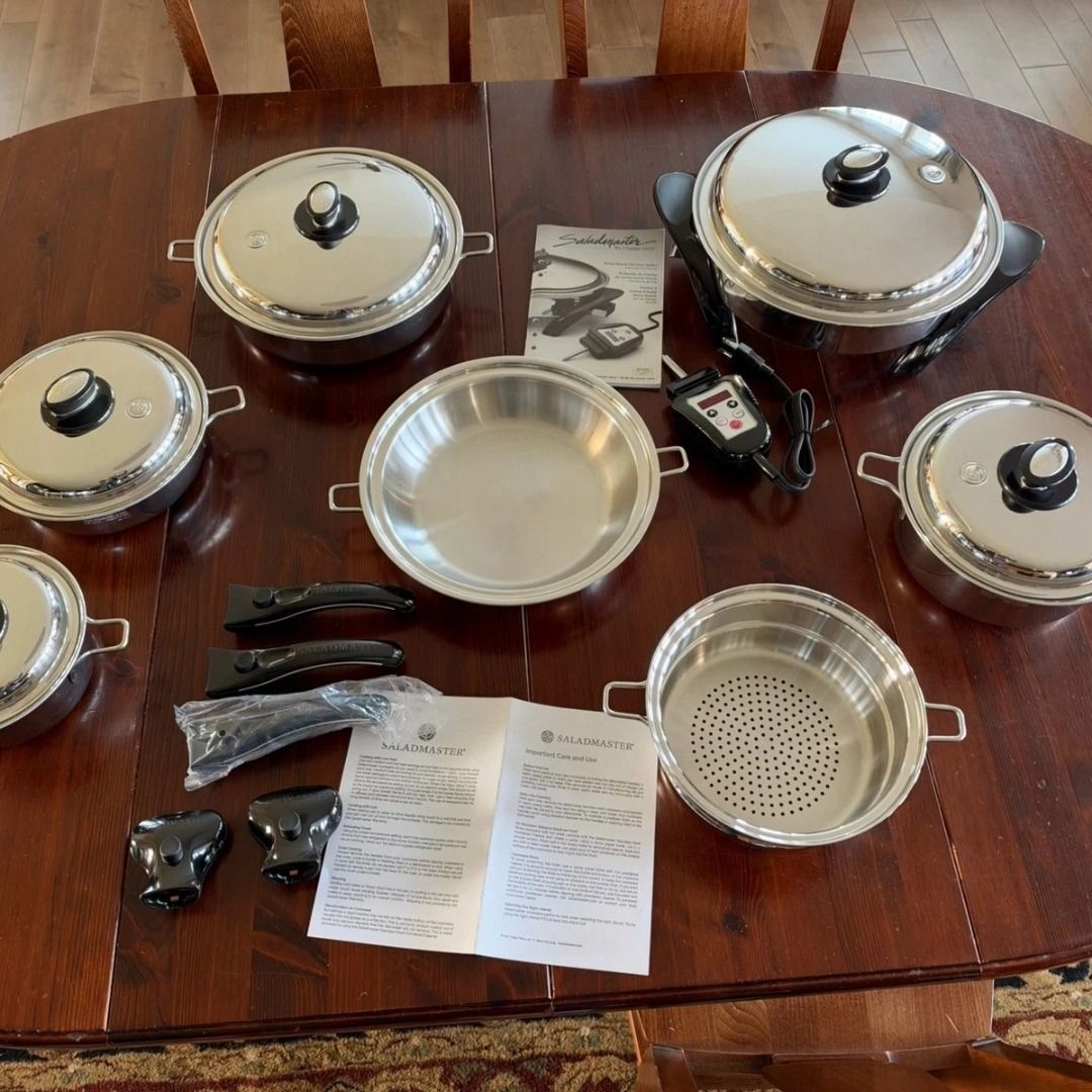 Saladmaster 316Ti Stainless Steel Cookware Set (Category: Cookware & Accessories) located in Paranaque City. Submitted by mgsantos18 (Listing ID 1471245618, Image 1). Description: I am selling a Used Saladmaster 316Ti Titanium Stainless Steel Cookware Set with 12" Electric Skillet. The set is used but still in good condition. The pans do show some wear with scratches, scuffs, swirl marks, and utensil marks. All the pans sit flat. No dents or ding