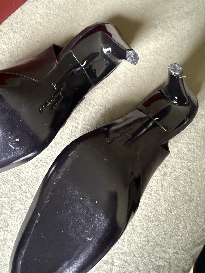 Salvatore Ferragamo Black Slingback Heels with Box (Category: Heels) located in Las Pinas. Submitted by krisclosetus (Listing ID 1471225366, Image 3). Description: - Brand: Salvatore Ferragamo - ETA: Las Piñas City 12/07/2026 - Size: 6 D or 6US - Style: Slingback heels - Color: Black - Material: Leather and patent leather upper - Heel Height: Approx. 3 inches - Details: Small bow on the toe - Origin: Made in Italy - Inclusions: Original red brand
