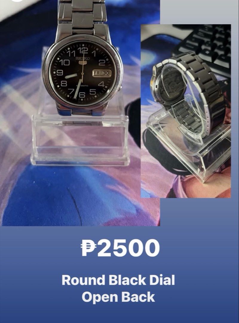 Seiko 5 Automatic Watch Round Black Dial Open Back (Category: Men's Watches) located in Manila. Submitted by trishea.321 (Listing ID 1471254007, Image 1). Description: - Brand: Seiko 5 Automatic - Dial: Round black dial with clear Arabic numerals - Features: Day and date window at the 3 o'clock position - Strap: Silver-tone stainless steel bracelet for comfortable wear - Movement: Automatic movement visible via exhibition open case back - Conditi