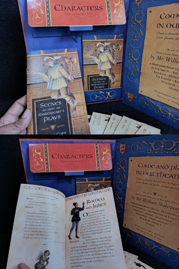 Shakespeare's Globe An Interactive Pop-Up Theatre Book (Category: Storybooks) located in Aroroy. Submitted by epicbird-0daf (Listing ID 1471163716, Image 3). Description: - Title: Shakespeare's Globe Interactive Pop-Up Theatre Book - Creators: Tori Forward and John Woodgaard - Features: Mini booklets like 'Scenes from Shakespeare's Plays' and a pocket of press-out character cards (Romeo, Juliet, Robin, and more) - Condition/Inclusions: Everything