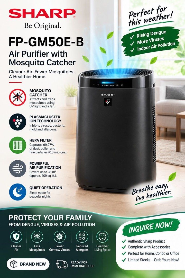 Sharp FP-GM50E-B Air Purifier with Mosquito Catcher (Category: Air Purifiers & Dehumidifiers) located in Quezon City. Submitted by pre.loved_items (Listing ID 1471149559, Image 1). Description: 🦟🌬️ SHARP FP-GM50E-B AIR PURIFIER WITH MOSQUITO CATCHER — BRAND NEW! 🌬️🦟 Protect your home with cleaner indoor air and added mosquito control, especially during the rainy season and periods of increased dengue risk, with SHARP’s Plasmacluster Ion techn