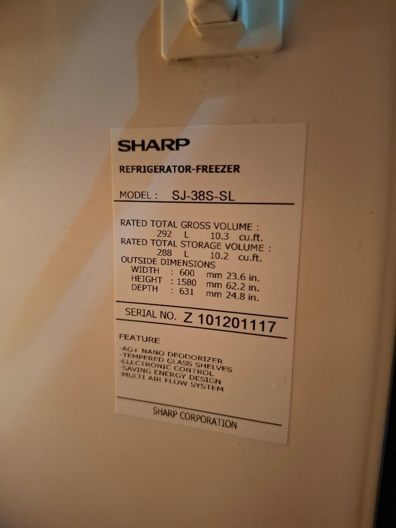 Sharp 10 cubic refrigerator (Category: Refrigerators and Freezers) located in Marikina City. Submitted by consuming7173 (Listing ID 1471130981, Image 1). Description: - Sharp SJ-38S-SL nano deodorizer refrigerator, no frost - Negotiable - Reason for sale: Buying new one.