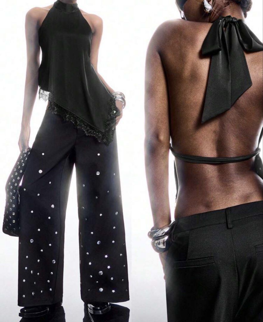 Black Lace Asymmetrical Backless Top (Category: Sleeveless) located in Pasay City. Submitted by declutterwme01 (Listing ID 1471264802, Image 3). Description: USED ONCE FOR PICTORIAL. XS-S (Adjustable strap) Loc: Taft, España GCASH, Via Lalamove STRICTLY NO RETURN OF ITEMS ONCE PURCHASED. PM ME for infos!.