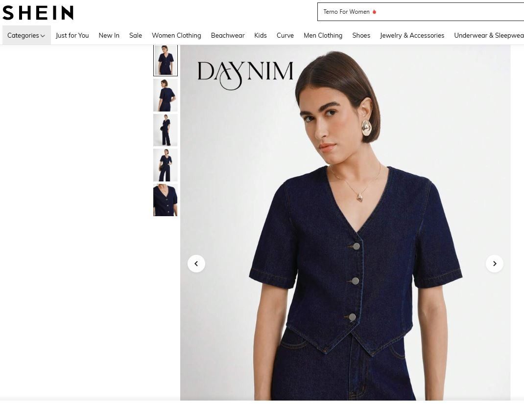 SHEIN Denim Top (Category: Blouses) located in Cainta. Submitted by stardust.1111 (Listing ID 1471167840, Image 3). Description: Size: XS (Fits Small to Medium Frames) Shoulder: 16" Length: 17.5"–19" Width: 17" Item is in excellent condition. RFS: Received as gift but never used..