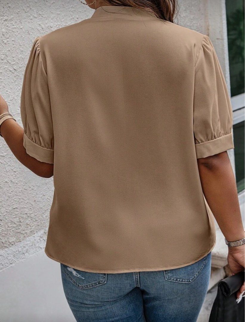 Shein Plus Size Khaki Blouse (Category: Blouses) located in Malolos. Submitted by basementbargain (Listing ID 1471227970, Image 2). Description: Size: 0XL Product Measurement: Shoulder: 41 cm, Length: 64.5 cm, Sleeve Length: 28.3 cm, Bust: 115.5 cm, Cuff: 38.8 cm.
