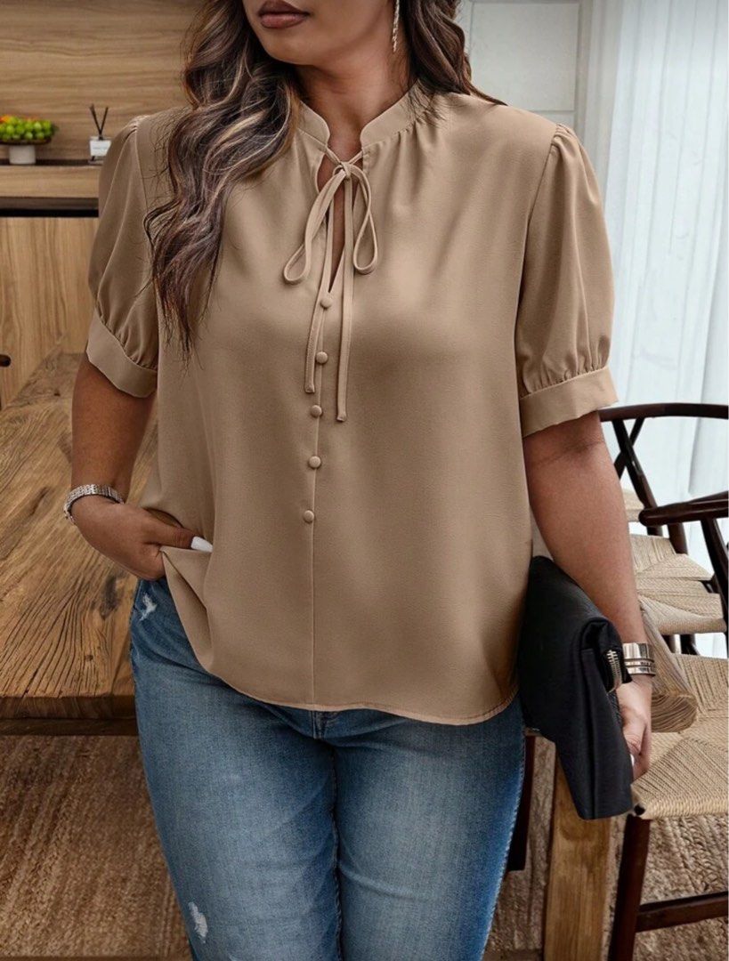 Shein Plus Size Khaki Blouse (Category: Blouses) located in Malolos. Submitted by basementbargain (Listing ID 1471227970, Image 1). Description: Size: 0XL Product Measurement: Shoulder: 41 cm, Length: 64.5 cm, Sleeve Length: 28.3 cm, Bust: 115.5 cm, Cuff: 38.8 cm.