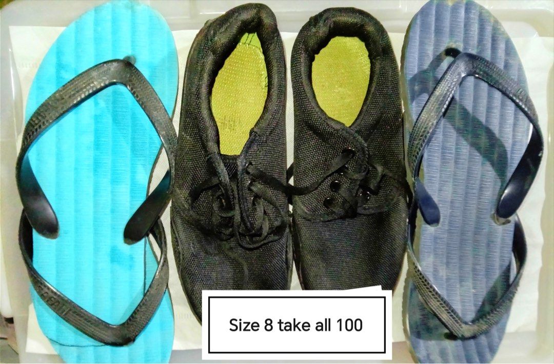 Shoes and Flip Flops Bundle Size 8 (Category: Flats & Sandals) located in Quezon City. Submitted by charitoo369 (Listing ID 1471294980, Image 2). Description: - Size 8 footwear bundle (selling as a set) - Includes 3 pairs: Black lace-up sneakers, bright blue flip-flops, and dark blue flip-flops - Great for casual daily wear or quick errands - Excellent value for money - Message for fast transactions Bundle for 3 size 8.