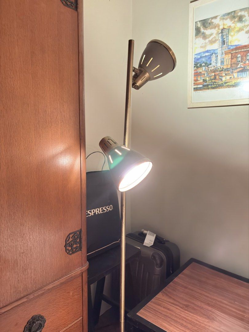 Sleep Floor Lamp in Brass (Category: Lighting) located in Mandaluyong City. Submitted by material_boi (Listing ID 1471200197, Image 3). Description: Bought for almost ₱3K i think. Matangkad to mga nasa 5’3” tall. Perfect for bedroom or accent sa living room. Features two adjustable conical shades, so puwede nyo iposition yung isa pataas, yung isa naman pagilid so maganda siya to have an illusion na well lit yung room nyo and it adds mood. Brass c