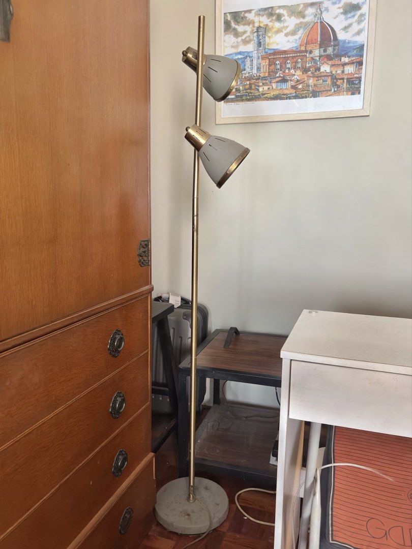 Sleep Floor Lamp in Brass (Category: Lighting) located in Mandaluyong City. Submitted by material_boi (Listing ID 1471200197, Image 1). Description: Bought for almost ₱3K i think. Matangkad to mga nasa 5’3” tall. Perfect for bedroom or accent sa living room. Features two adjustable conical shades, so puwede nyo iposition yung isa pataas, yung isa naman pagilid so maganda siya to have an illusion na well lit yung room nyo and it adds mood. Brass c