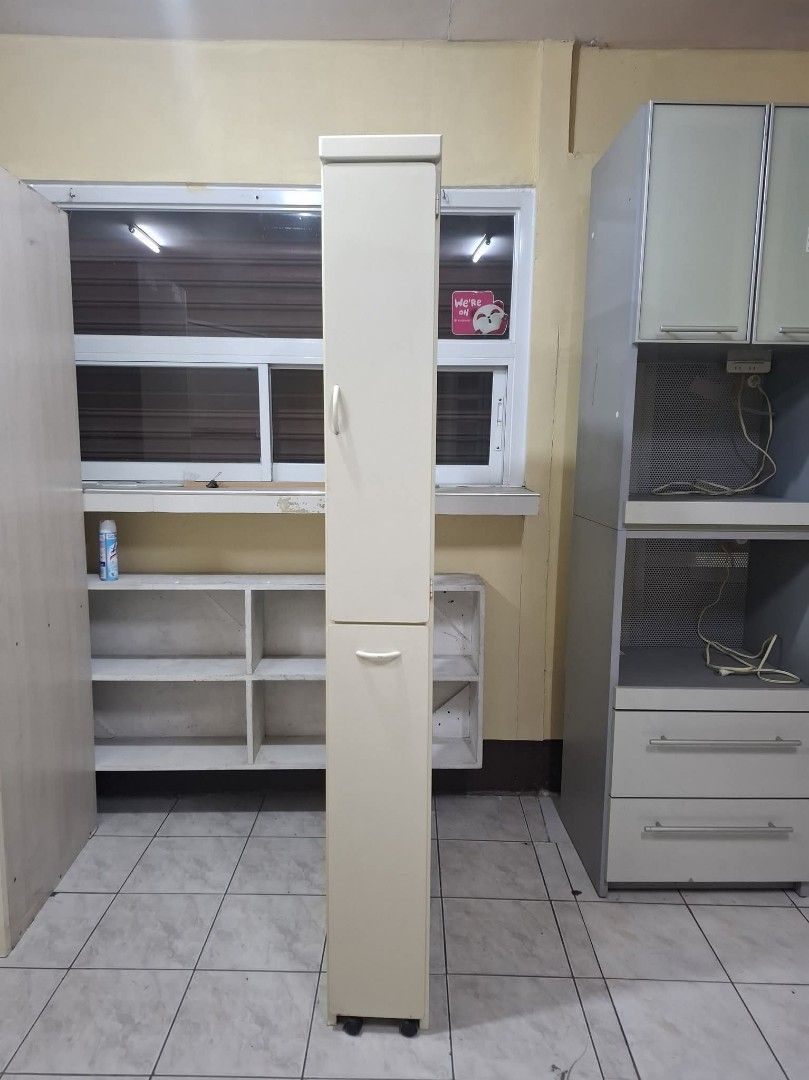 Slim Kitchen Pantry Cabinet (Category: Shelves, Cabinets & Racks) located in Quezon City. Submitted by dannikkishoppe2 (Listing ID 1471173326, Image 2). Description: Slim Kitchen Pantry Cabinet‼️₱7500‼️ Please manage your expectations as there might be minimal flaws. Color may vary due to lighting, it may appear darker or lighter in person. Check photos first before buying. Please refrain from purchasing if you are particular about USED items and