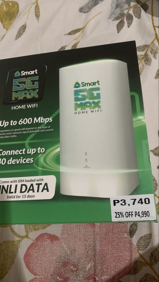 Smart 5G Max Home Wifi Router (Category: Networking) located in Manila. Submitted by seraphinashoppe (Listing ID 1471144894, Image 1). Description: -Barely used smart home wifi (still has the free registered sim for 15 days) Details about the item: - Superfast 5G speeds: Delivers up to 600 Mbps for seamless streaming and gaming - Multi-device connection: Supports up to 40 devices simultaneously - Complete inclusions: Comes with power adapter, cab