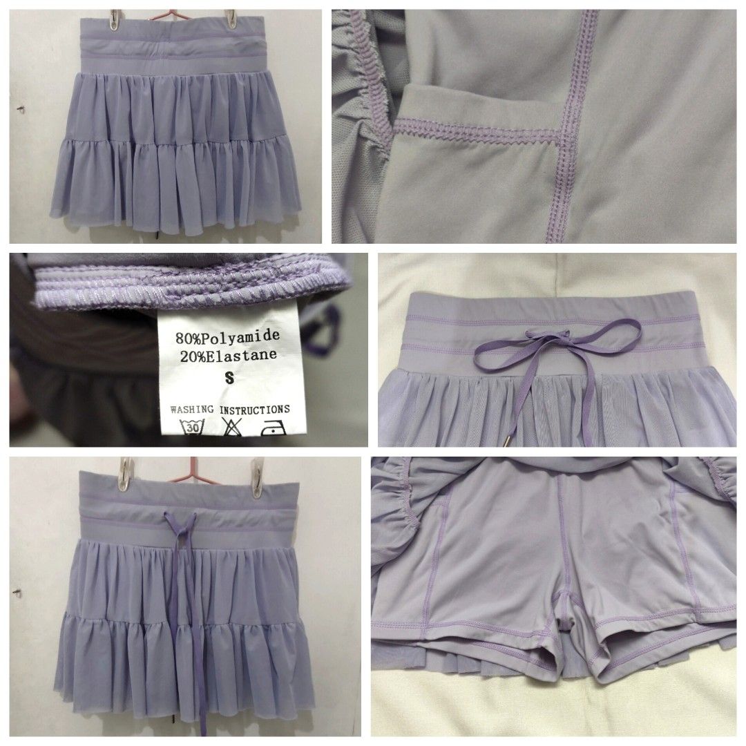 Soft lilac frill active skort with drawstring waist/balletcore aesthetic (Category: Activewear) located in Caloocan City. Submitted by emmas.ukay.finds (Listing ID 1471126596, Image 2). Description: Size: S-M(Stretchable fabric) Payment first before shipping. Shipping is also shouldered by the buyer. Payment:QRPH/Instapay Shipping:J&T Any questions chat me☺️💖.