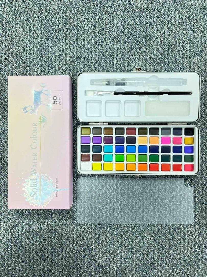 Solid Water Colour 50 Regular Colors Set (Category: Stationery & School Supplies) located in Caloocan City. Submitted by eunicekim7 (Listing ID 1471133664, Image 1). Description: - 50 vibrant regular colors - Beautiful box featuring a floral tree and reindeer design - Brand new and sealed in plastic film - Ideal for painting, journaling, and art projects - Great gift for artists and crafters.
