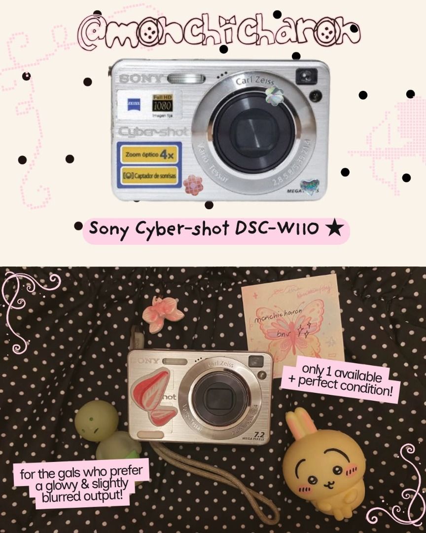 Sony Cyber-shot DSC-W110 (Category: Plushies & Soft Toys) located in Manila. Submitted by monchicharon (Listing ID 1471257982, Image 1). Description: Dingdong, it’s monchicharon! Item for sale ; Sony Cyber-shot DSC-W110 Digicam ★ ❤︎ Price ; 4,000PHP , special price for carousell only! Inclusions ᐢ..ᐢ ; - SD card - Battery - Charger 𓏲ּ𝄢 To note (flaws) ╰┈➤ Slight lcd burn & touchscreen does not work, but does not affect output! ( ᴗ͈ˬᴗ͈)ഒ For mor