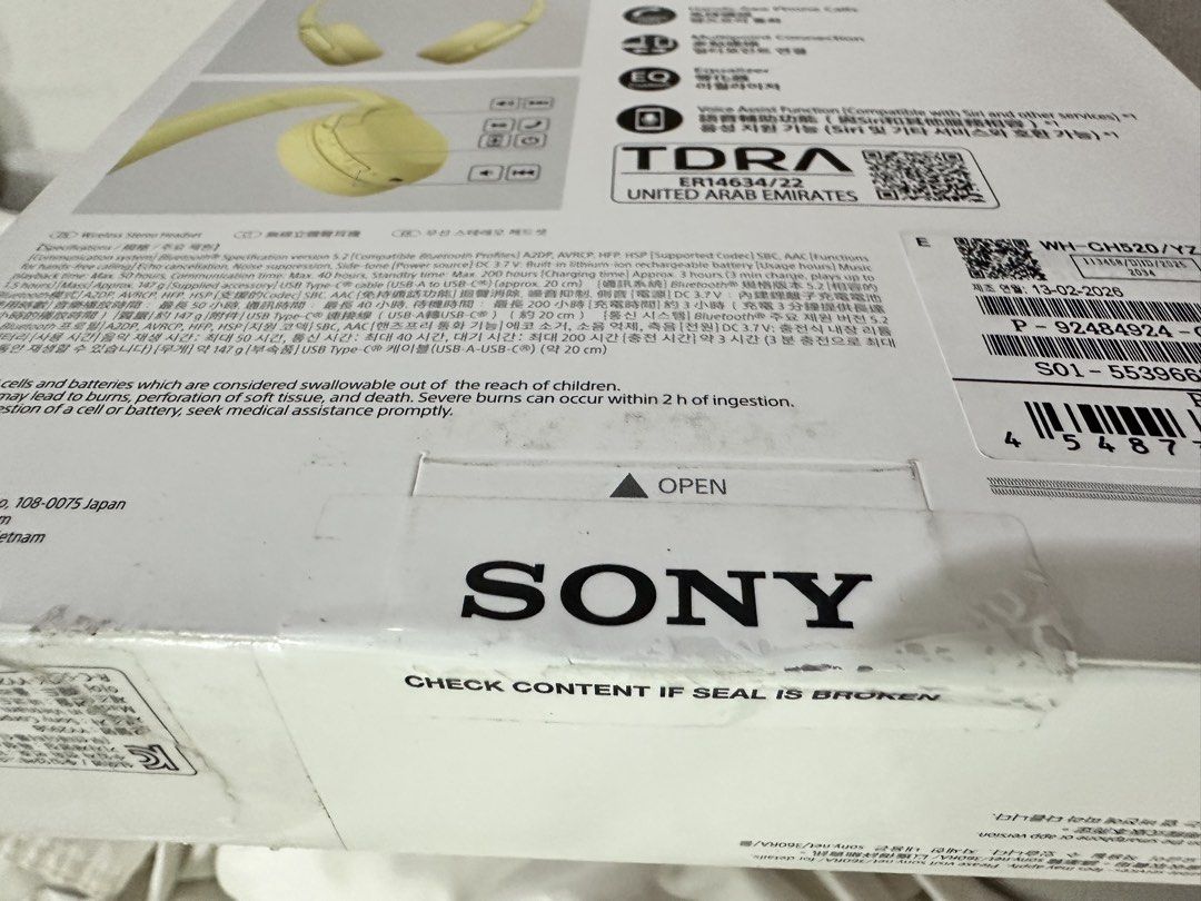 Sony WH-CH520 Wireless Headphones Yellow (Category: Headphones & Headsets) located in Quezon City. Submitted by goldengate777 (Listing ID 1471157511, Image 3). Description: - Brand new & factory sealed Sony WH-CH520 Wireless Headphones in Yellow - Up to 50 hours of long-lasting battery life - Quick charge feature: 3 minutes charge gives 1.5 hours of playback - Lightweight design at only 147 grams for all-day comfort - Built-in microphone for crys