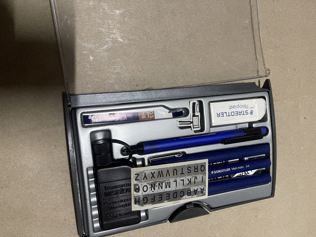 Staedtler Mars Matic Technical Pen and Drafting Set (Category: Stationery & School Supplies) located in Manila. Submitted by gomdobear (Listing ID 1471175272, Image 2). Description: - never used only the eraser - broken casing - guaranteed authentic from joli’s - price can be negotiated if sure buyer and if around dlsu / taft area.