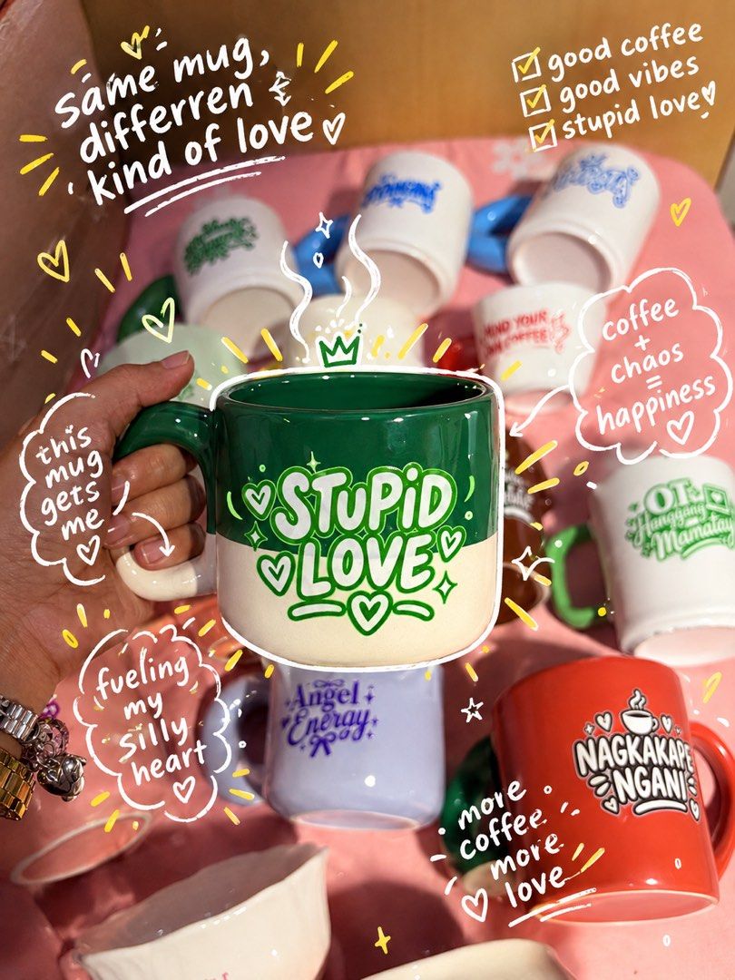 Stupid Love Ceramic Coffee Mug Green White (Category: Coffee & Tea Tableware) located in Manila. Submitted by kniccknacks (Listing ID 1471183133, Image 1). Description: - Green and cream ceramic coffee mug - Features a cute "Stupid Love" text graphic - Heavyweight build with a glossy finish - Perfect for daily coffee, tea, or desk setup - Brand new and ready to ship.